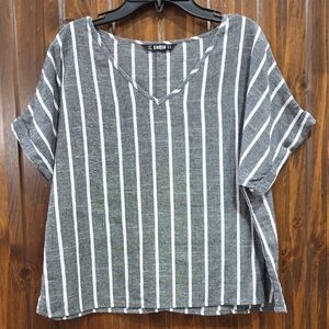 SHEIN Charcoal and White Striped V-Neck Top